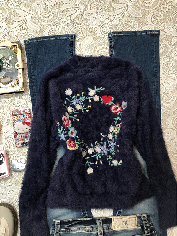 flower embroidery retro sweater