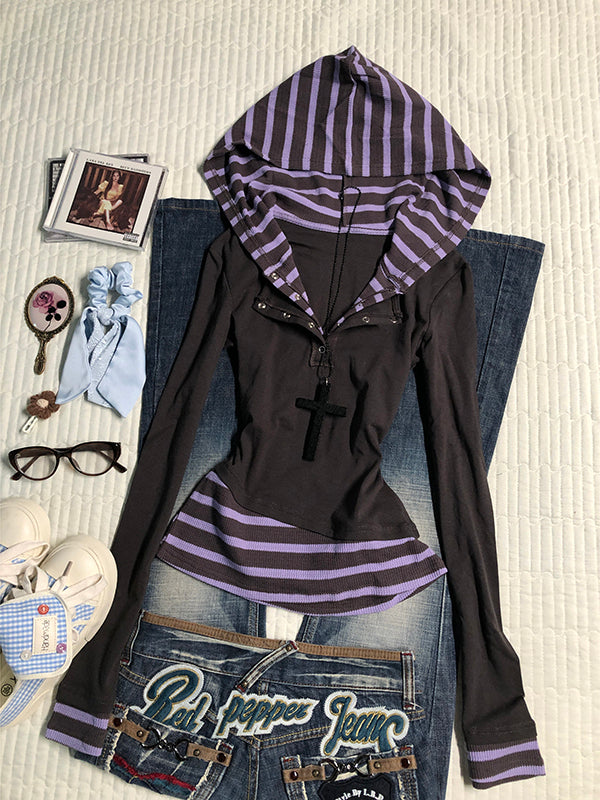 purple striped fake two-piece long-sleeved Top