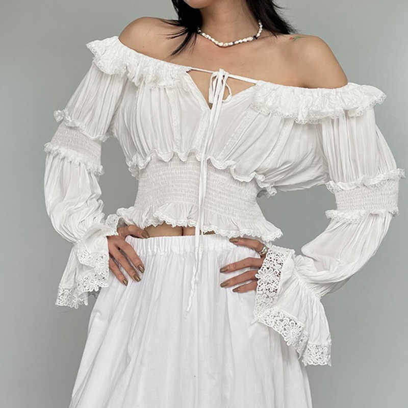 Ruffled Off-shoulder Trumpet Long-sleeved Shirt