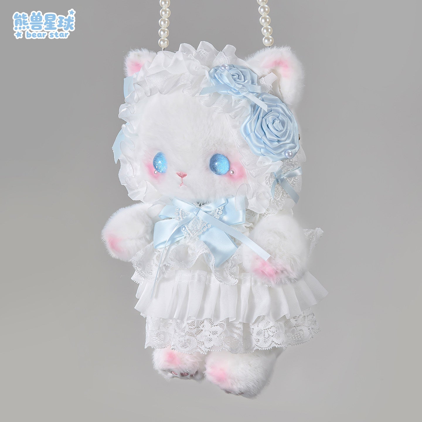 baby blue bow kitty plush pearls bag