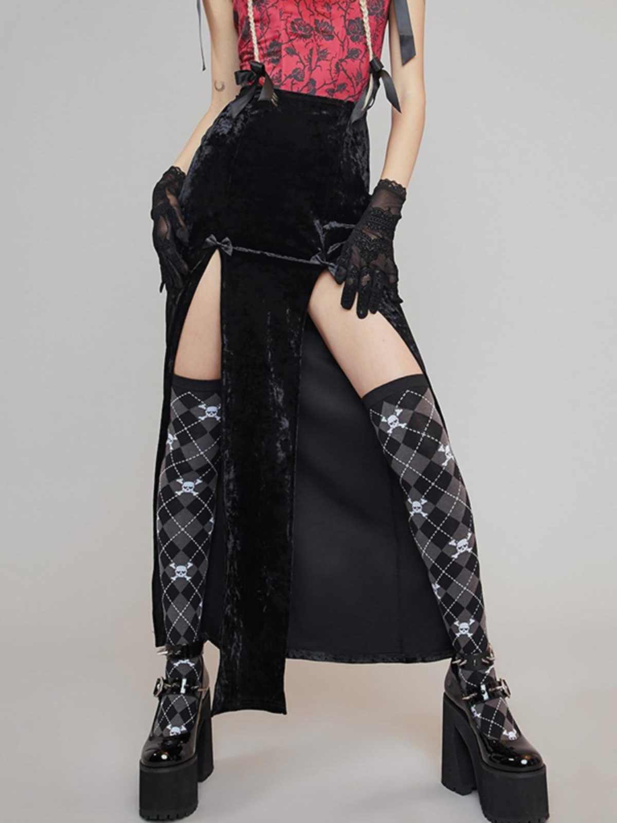 Gothic Velvet Slit Dark Coquette Skirt