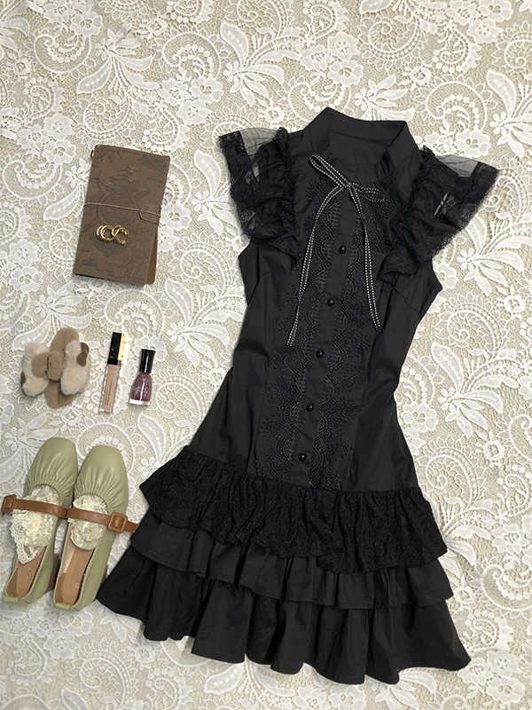 Dark Coquette Stand-up Collar Shirt Dress