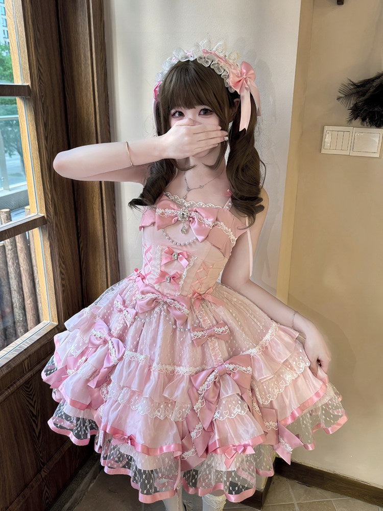 balletcore pink bow lace lolita dress