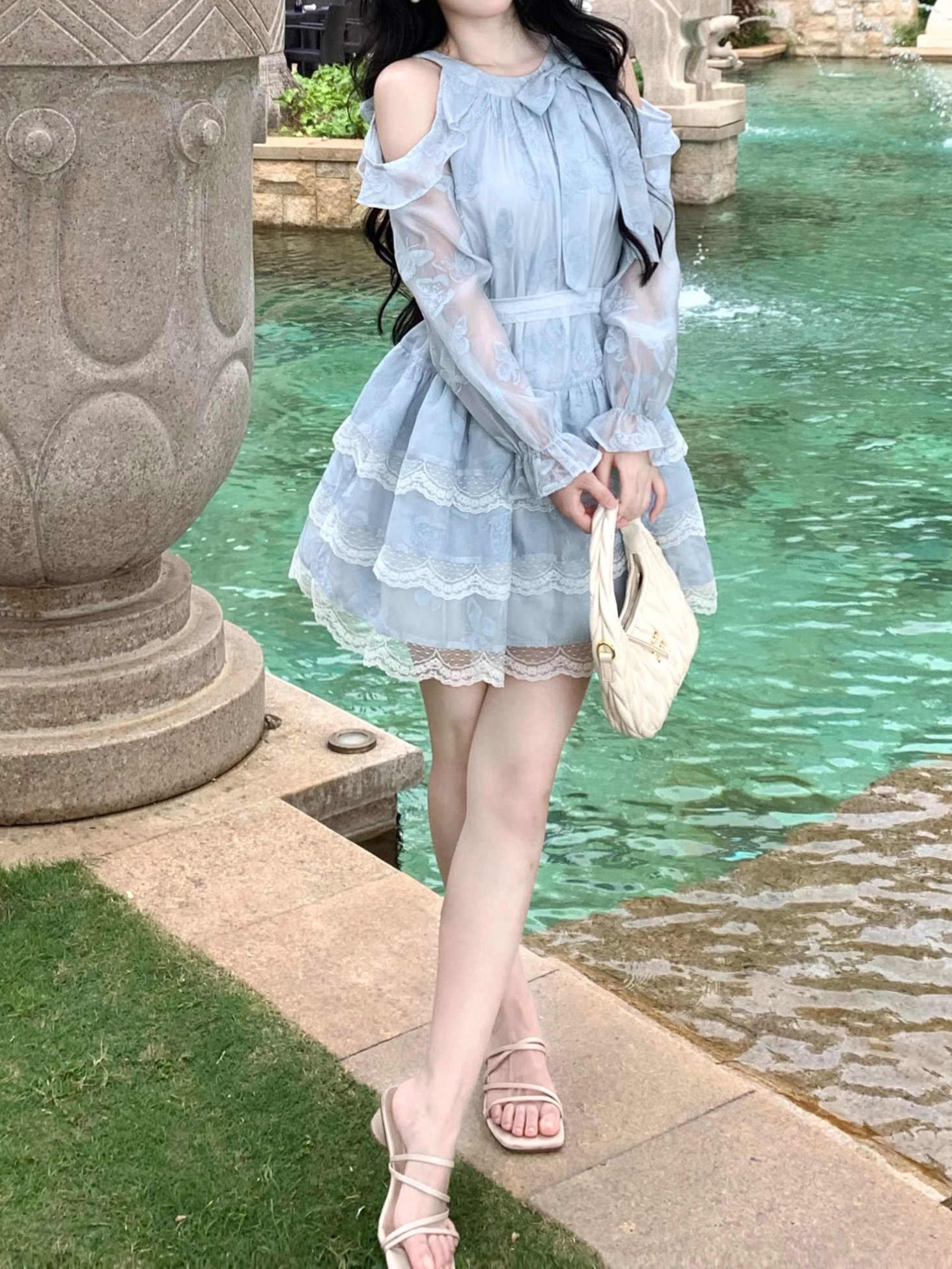 Bow Mesh Lace Puffy Dress