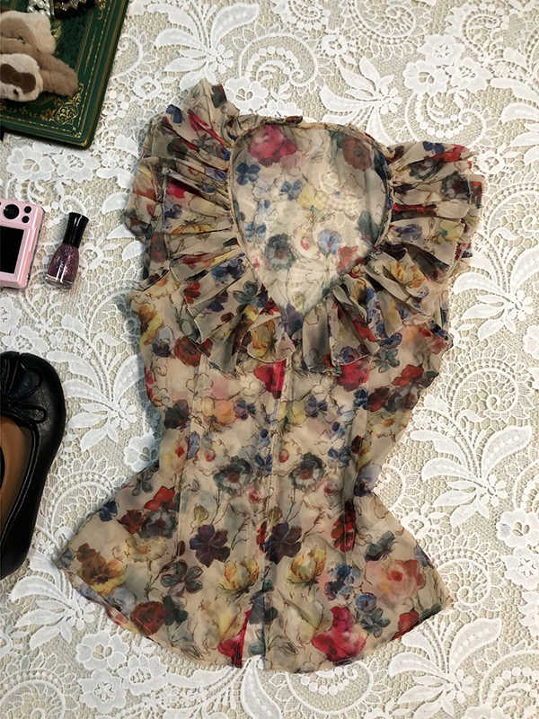 Retro Ruffled V-neck Chiffon Shirt