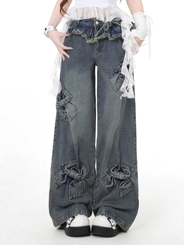 Coquette Retro Bow Distressed Baggy Jeans