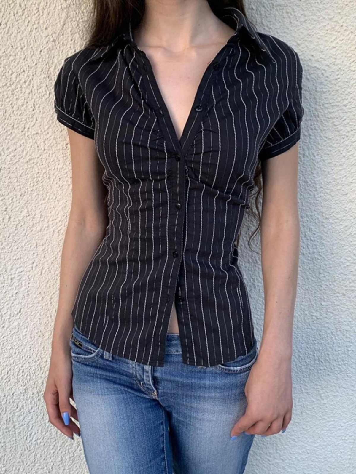 Classic V-neck Button-down Striped Shirt