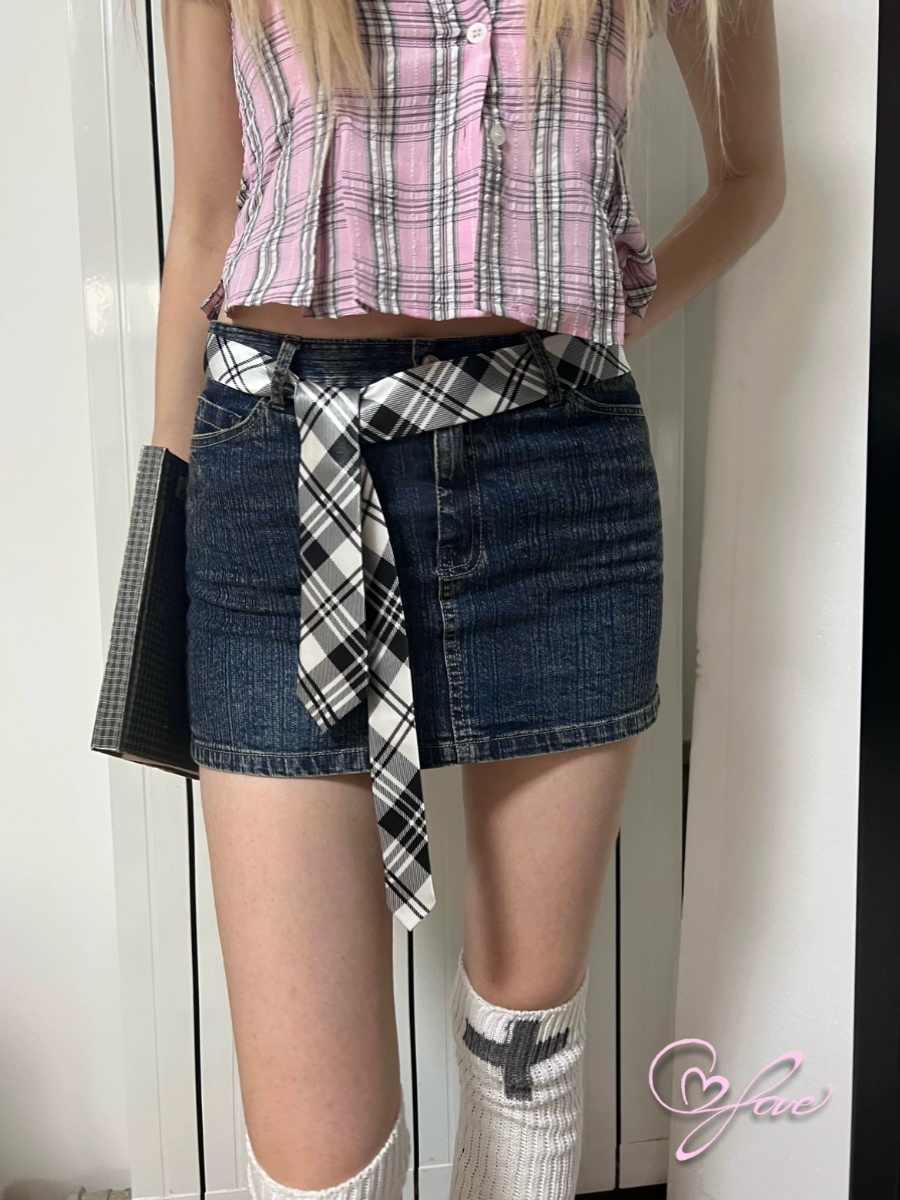 Y2K Lace Plaid Stitching Denim Skirt