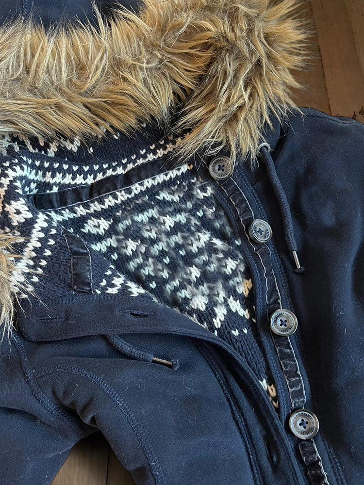 retro navy fur collar hooded jacket