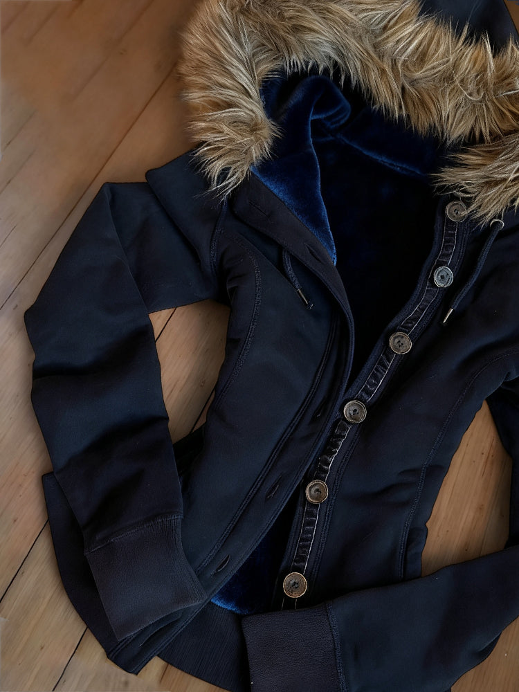 Retro blue fur hooded jacket