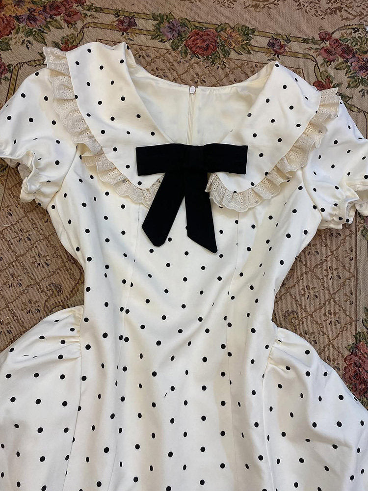 French white bow polka dot dress