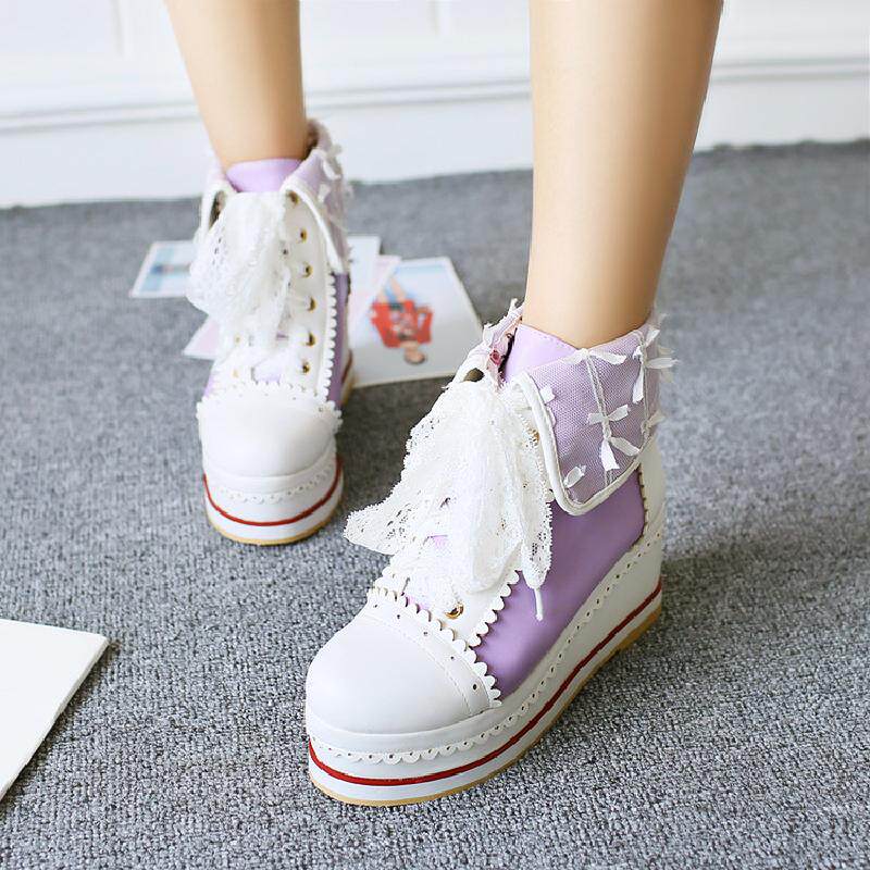 Lace-Up Color-Block Platform Wedge Canvas Sneakers