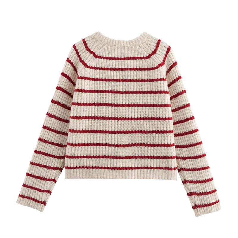 Preppy Round Neck Striped Wool Cardigan