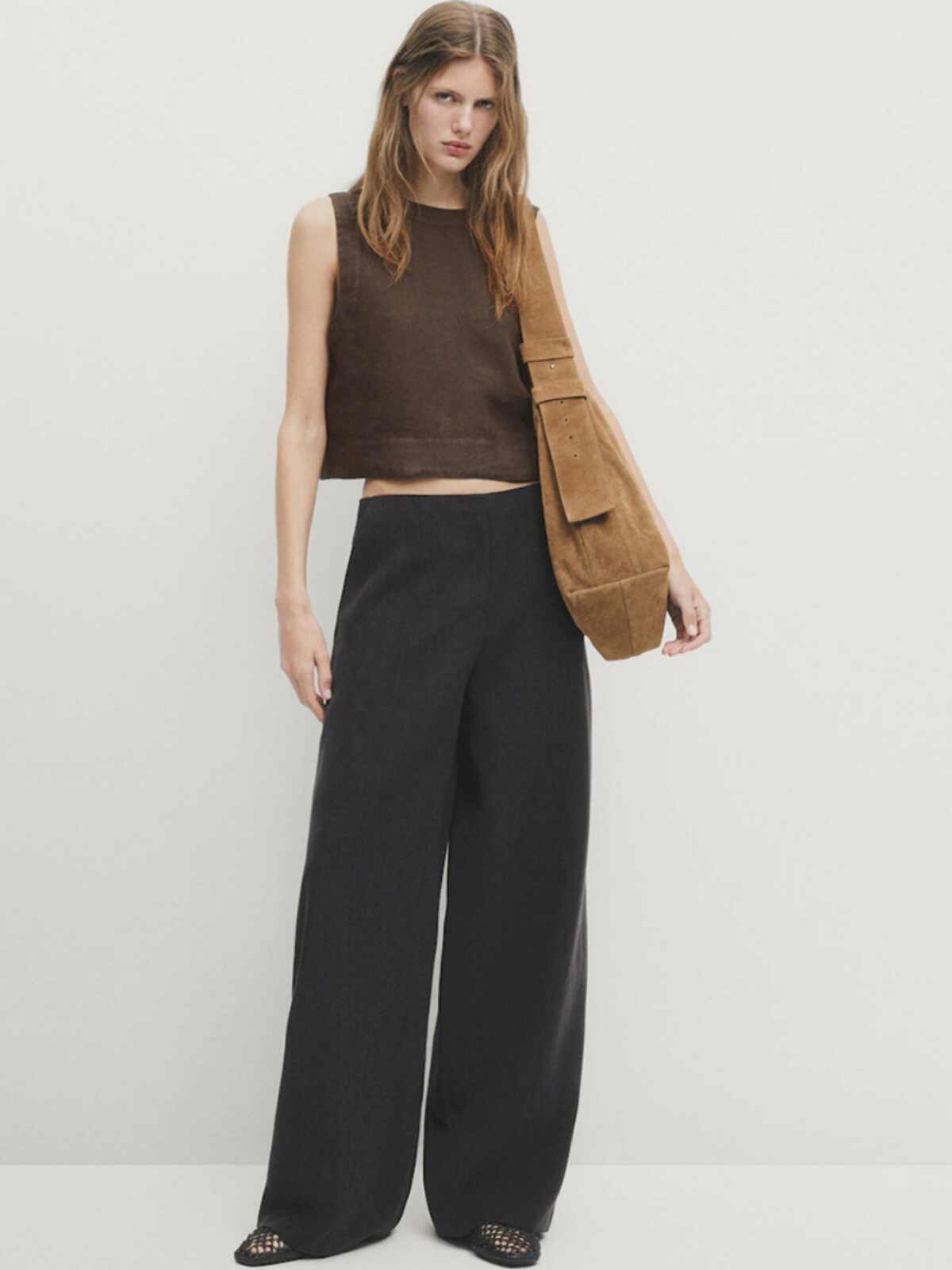 Brown Light Linen Crop Top