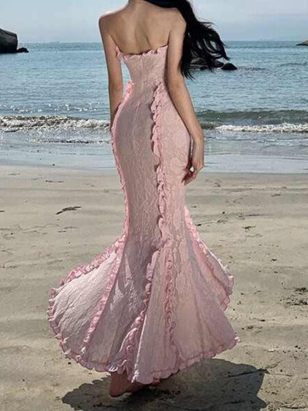 French Lace Pink Tube Top Coquette Dress