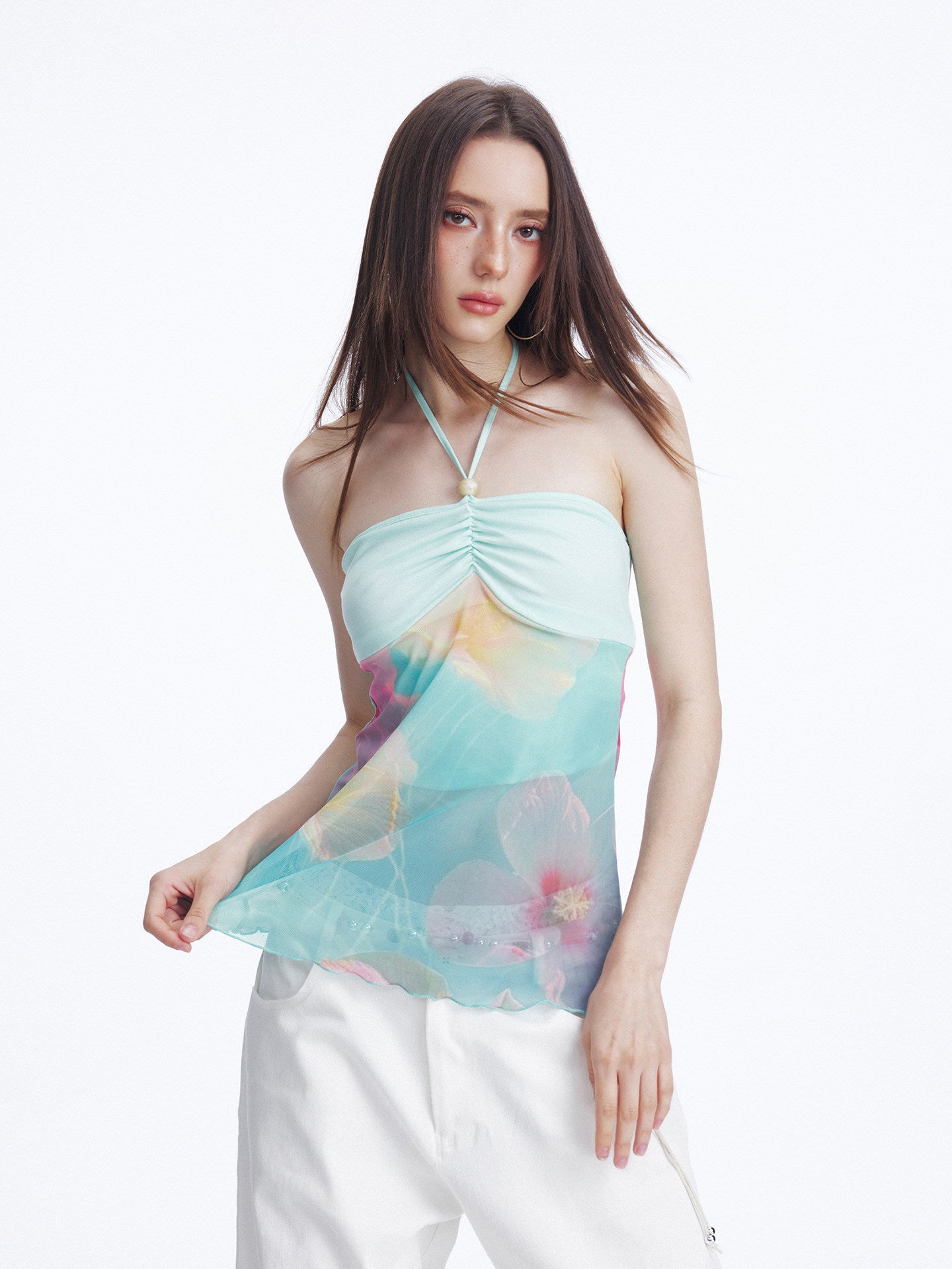 Beaded Shirring Bustier Printed Halter Top