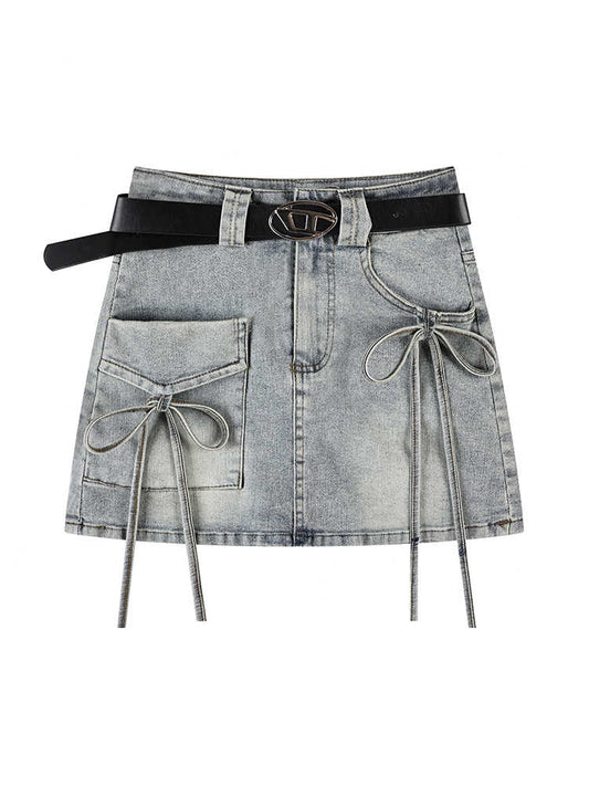 Strap Bows Denim Coquette Skirt