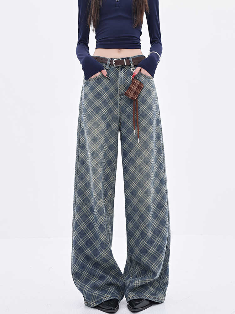 Preppy Retro Plaid Wide-leg Jeans