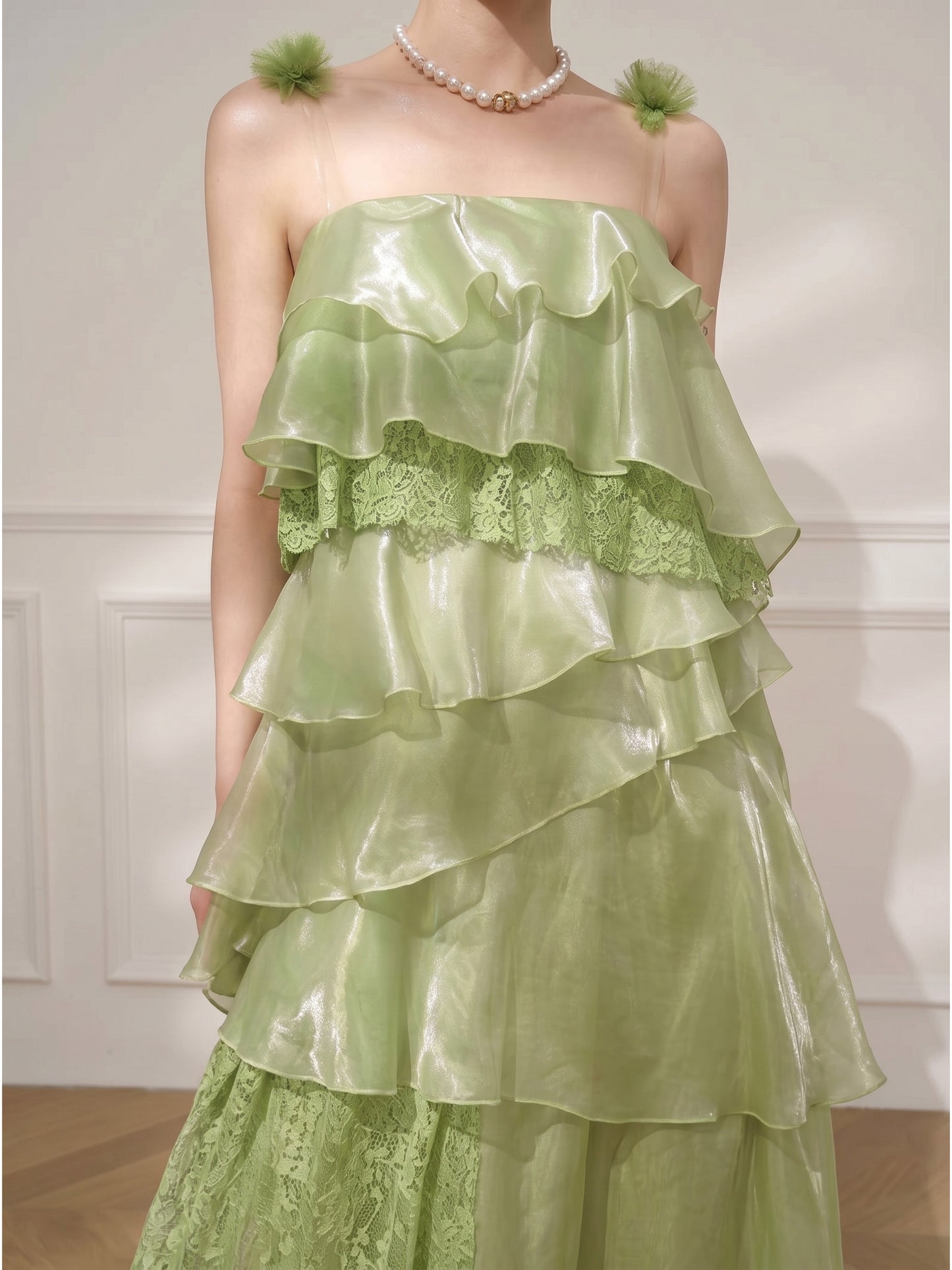 Stylish green strapless/halter layered cake maxi dress
