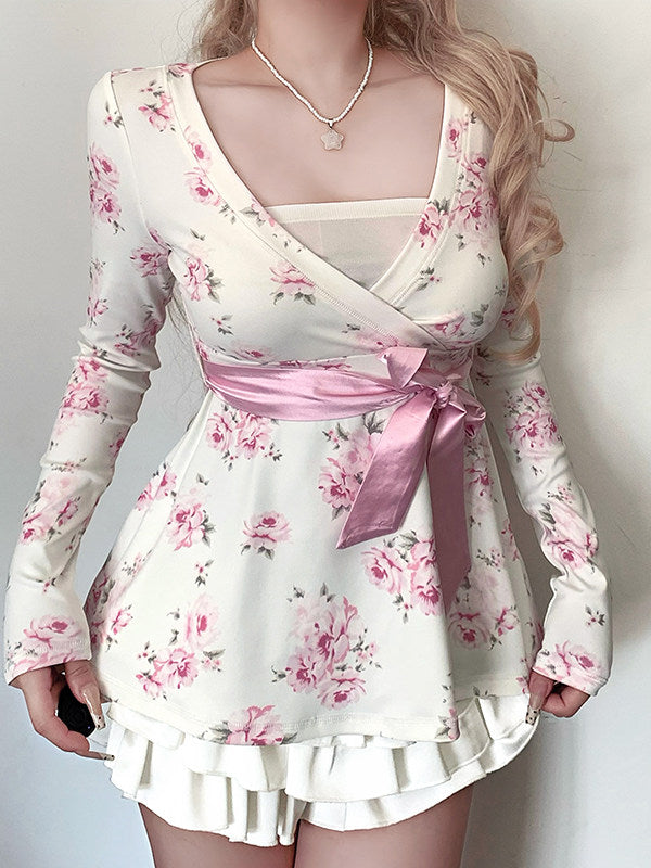 coquette floral bow long-sleeved shirt
