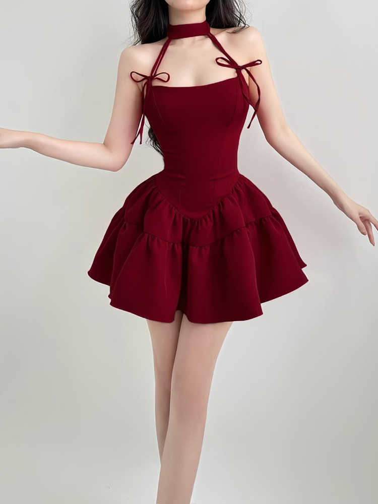 Red Bow Halter Neck Dark Coquette Dress