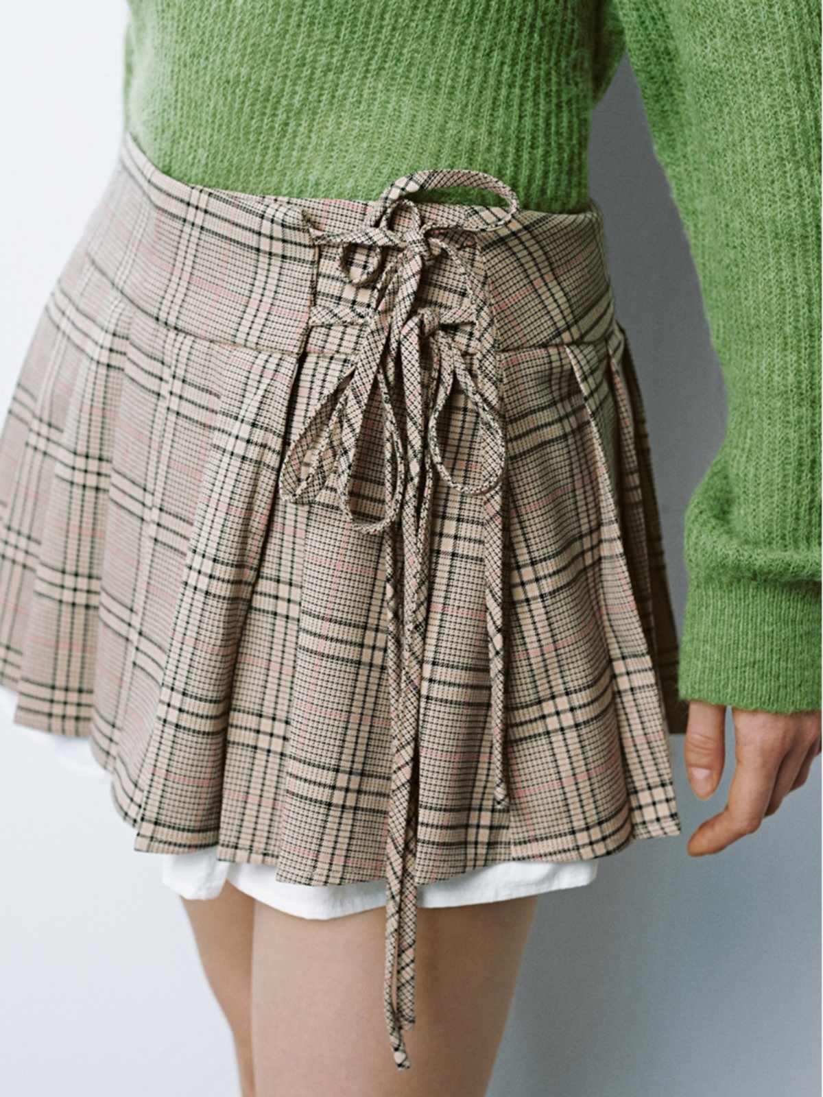 Preppy Lace-up Brown Plaid Skirt