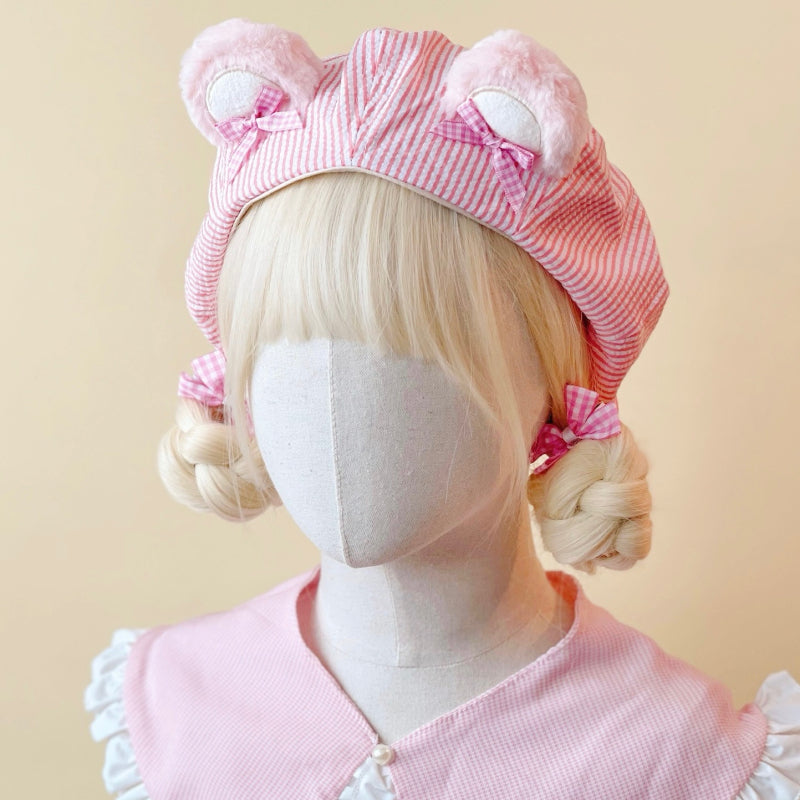 pink handmade plush bear ears beret