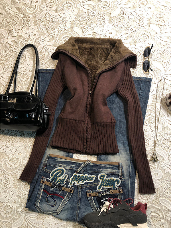 brown turtleneck slim sweater jacket