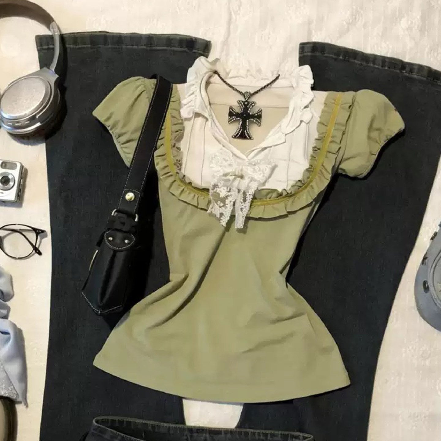 y2k vintage ruffle green shirt