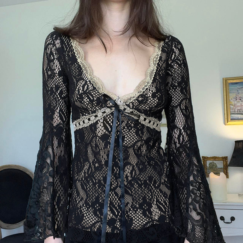 Dark Coquette V-neck Bell Sleeve Lace Top