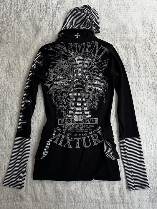 Goth retro striped patchwork sweatshirt jacket