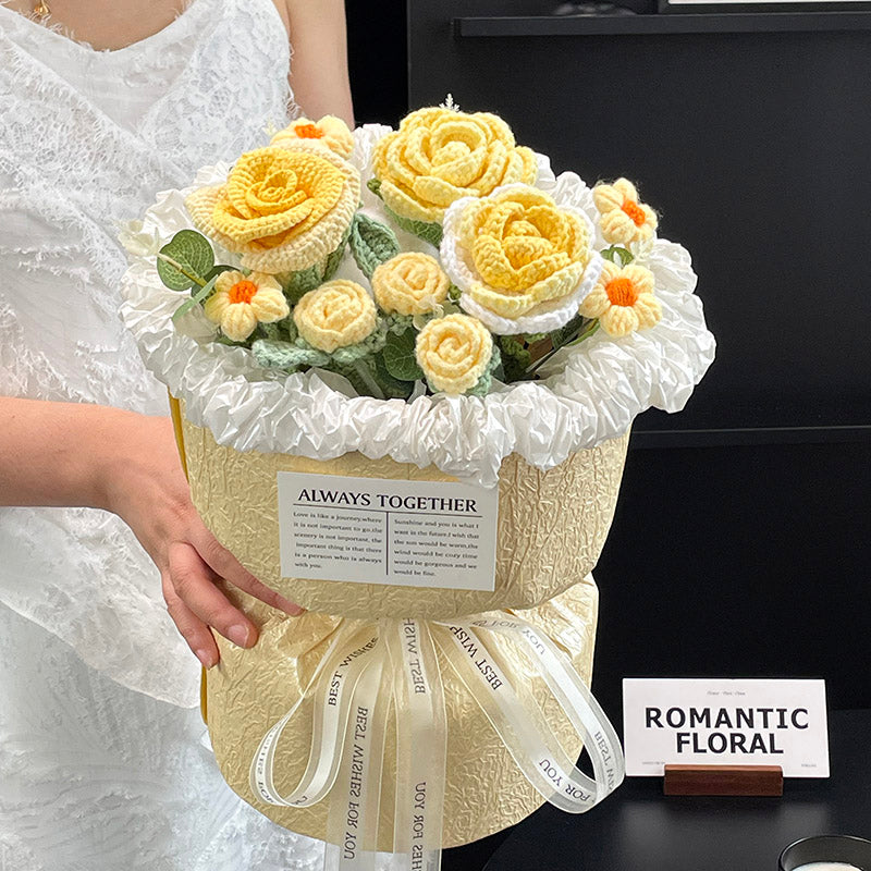 Hand-knitted crocheted wool flowers bouquets