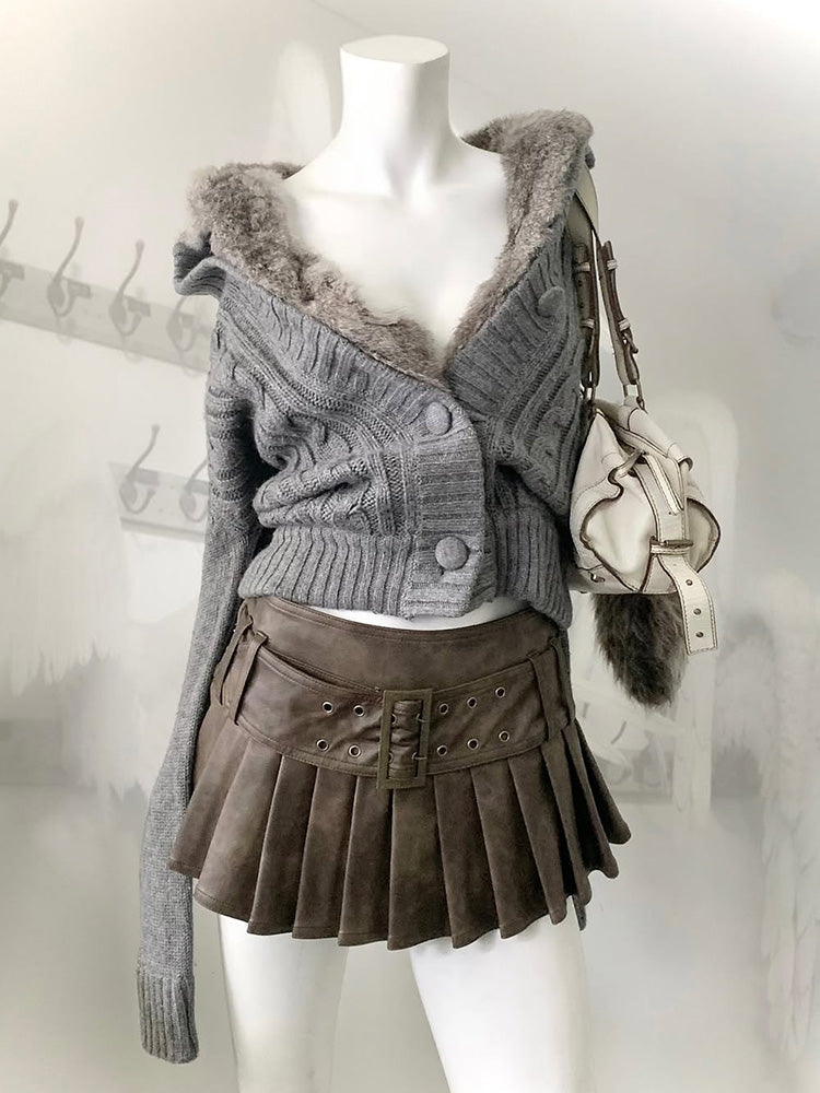 retro fur gray knitted cardigan