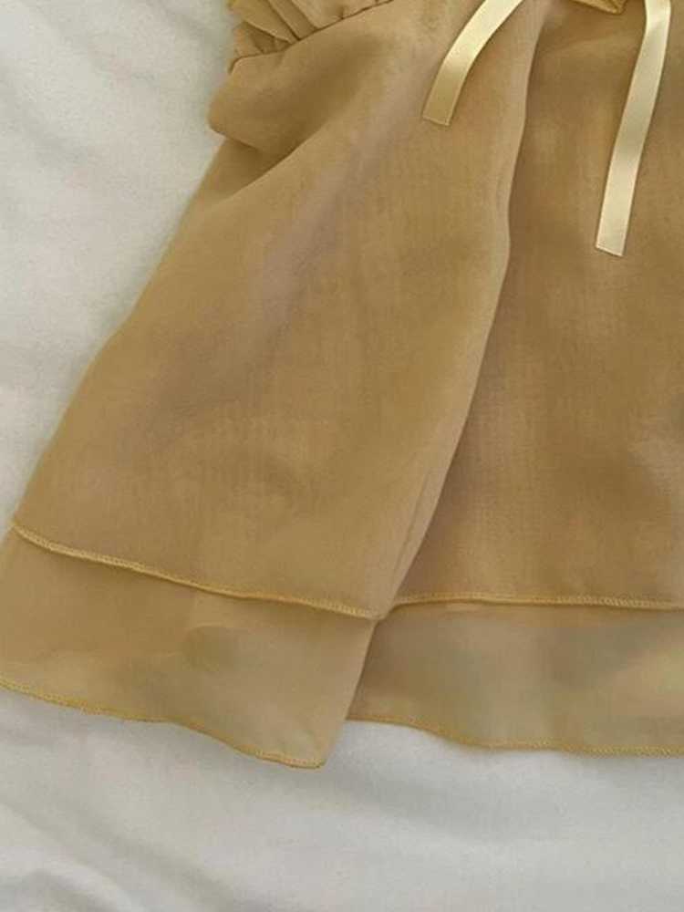 Lace Bow Yellow Mesh Tank Top
