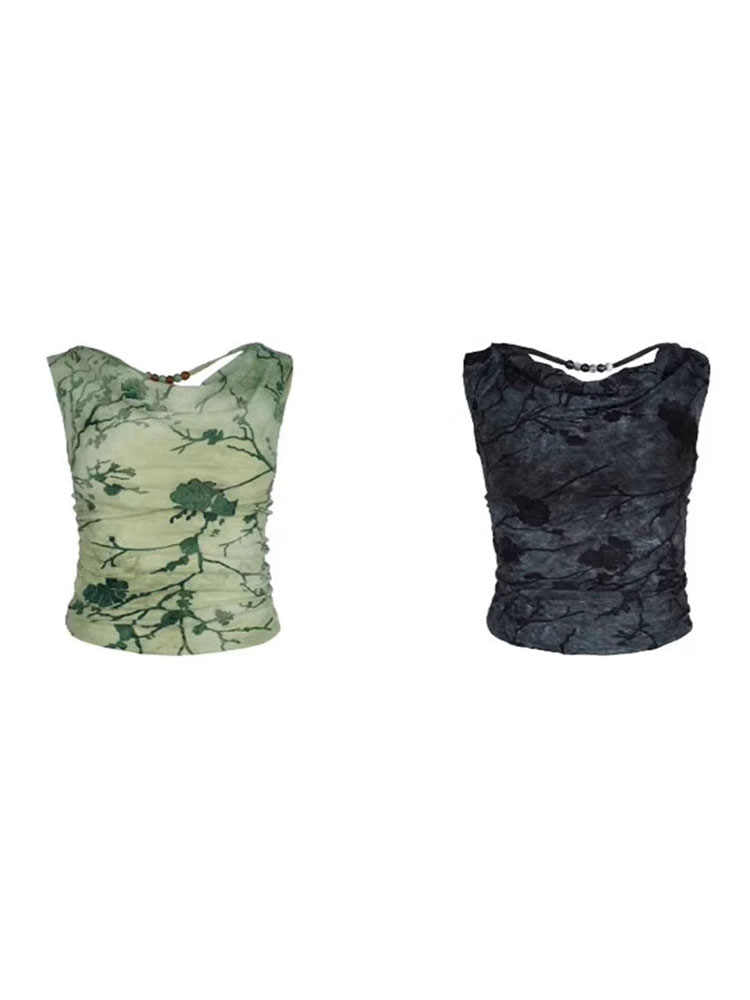 Green Swing Collar Flocked Flower Top