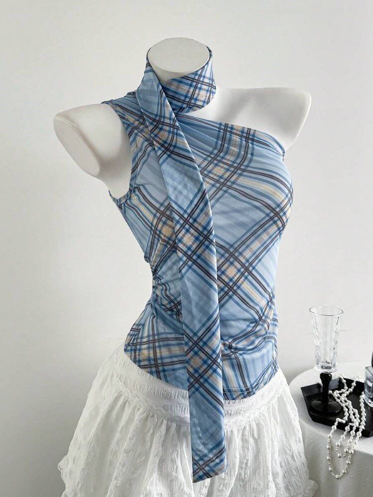 Plaid Halter Top with Flowing Ties
