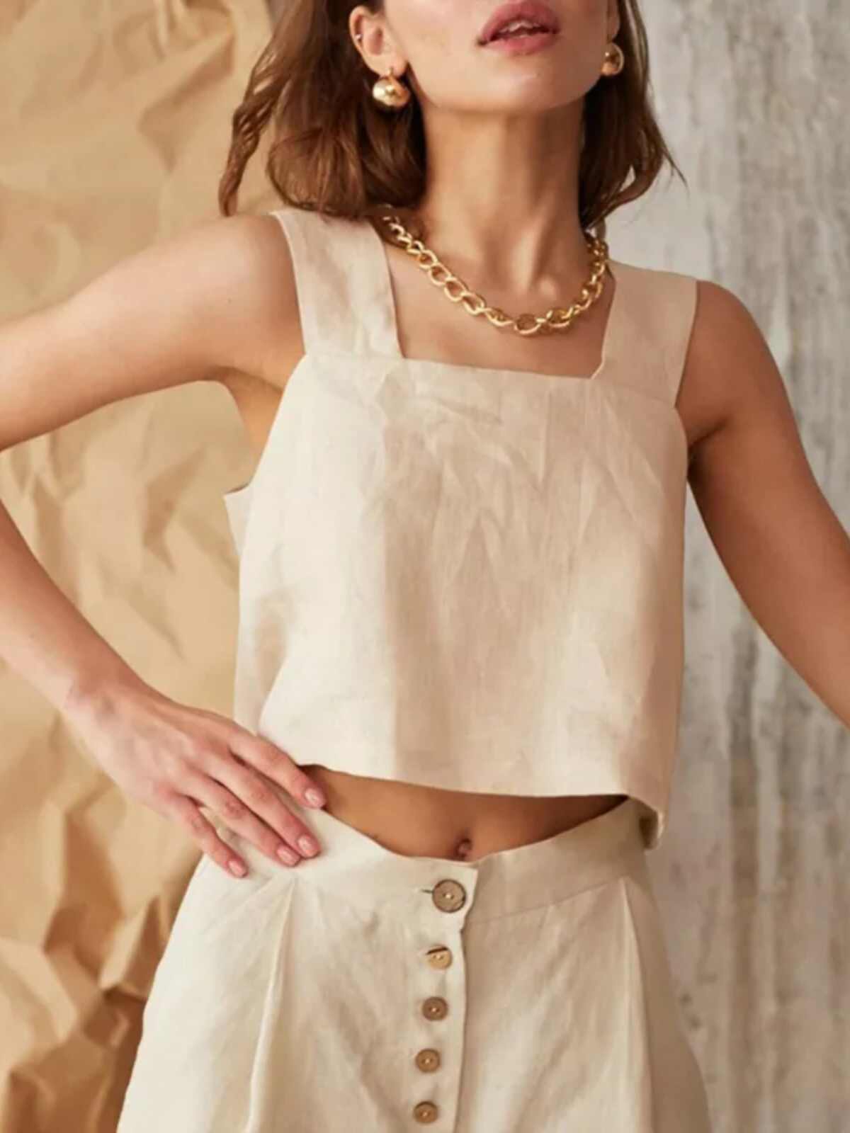 French Retro Linen Crop Top