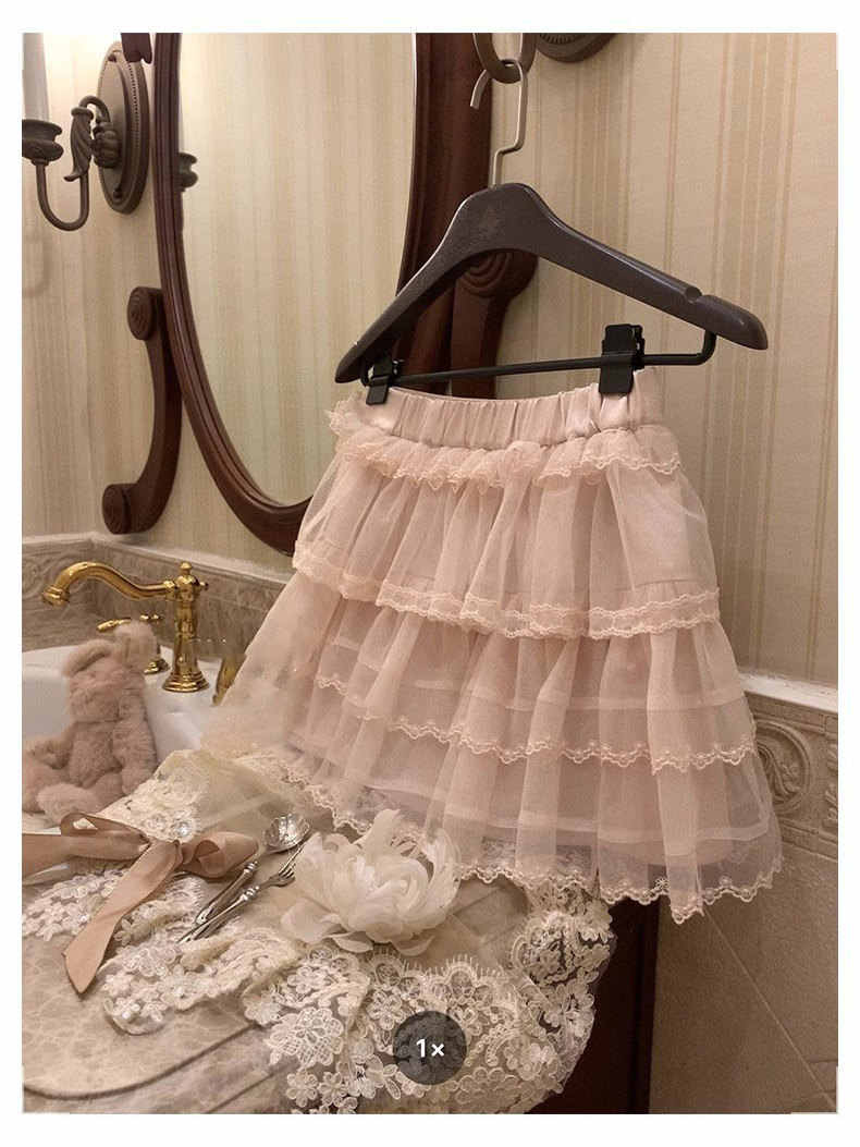 Cream Lace Puffy Cake Skirt