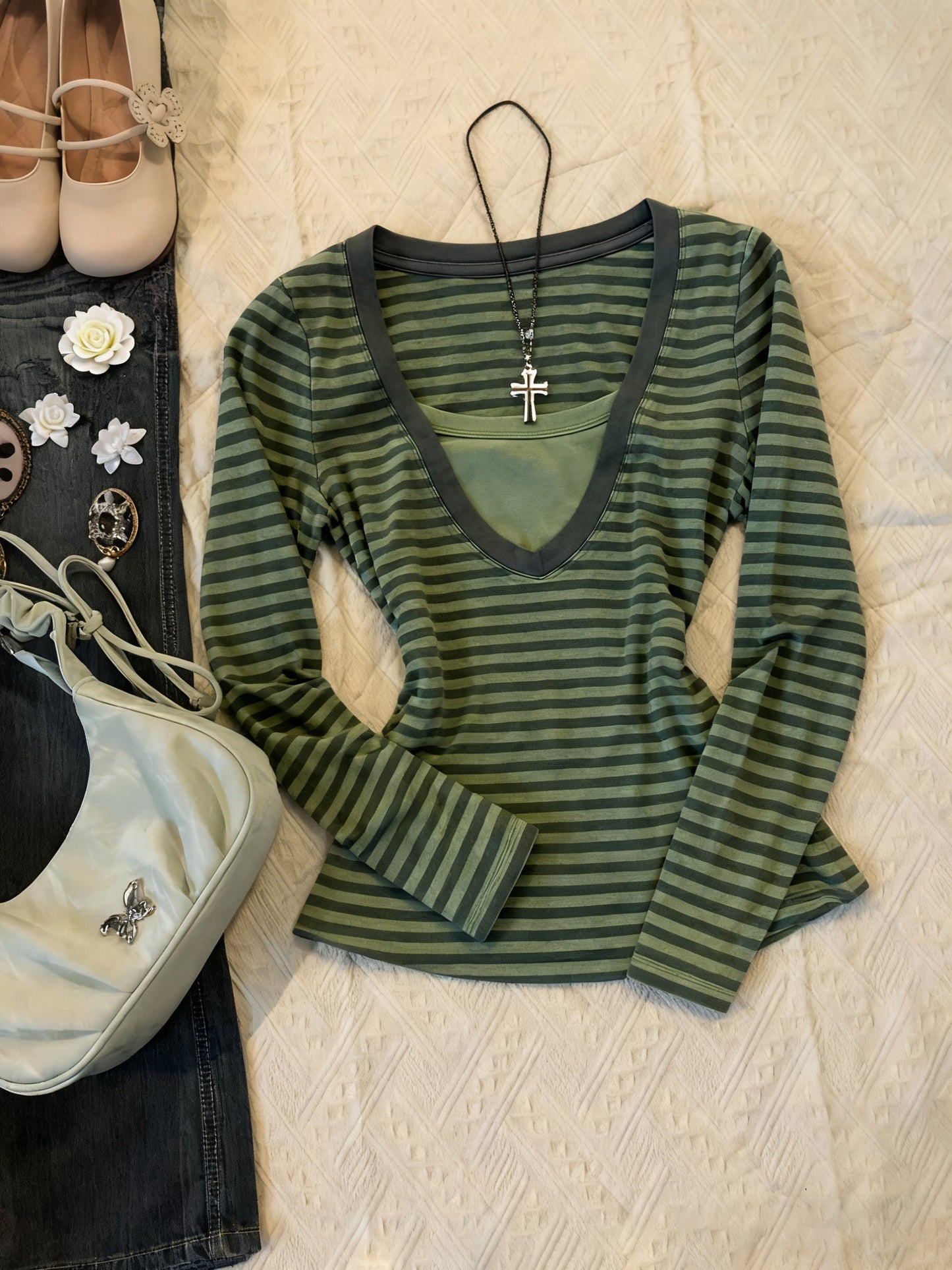 y2k retro striped long-sleeved top