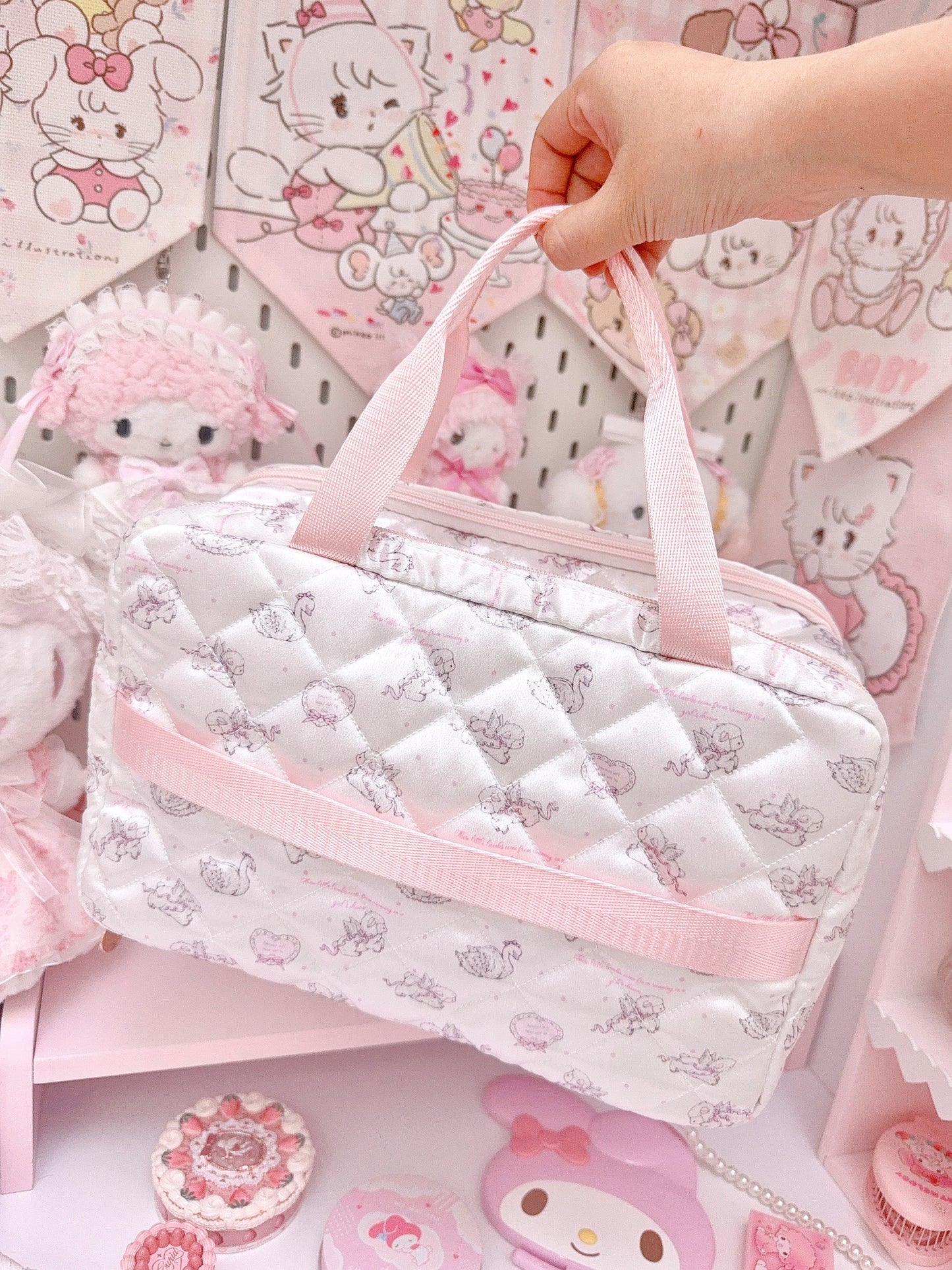 kawaii pink three-layer storage bag