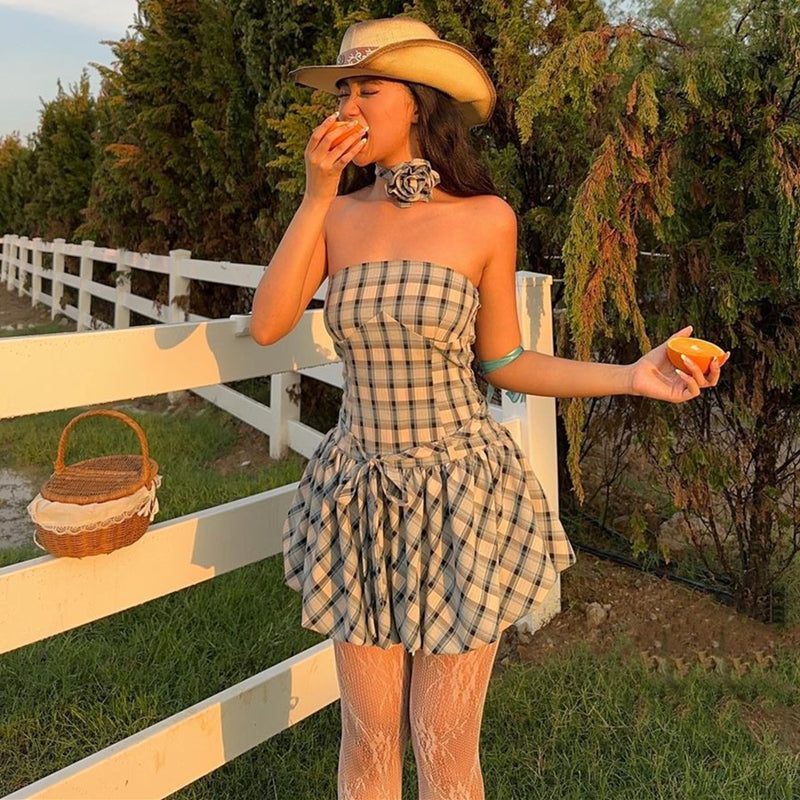 Retro Plaid Rose Dress