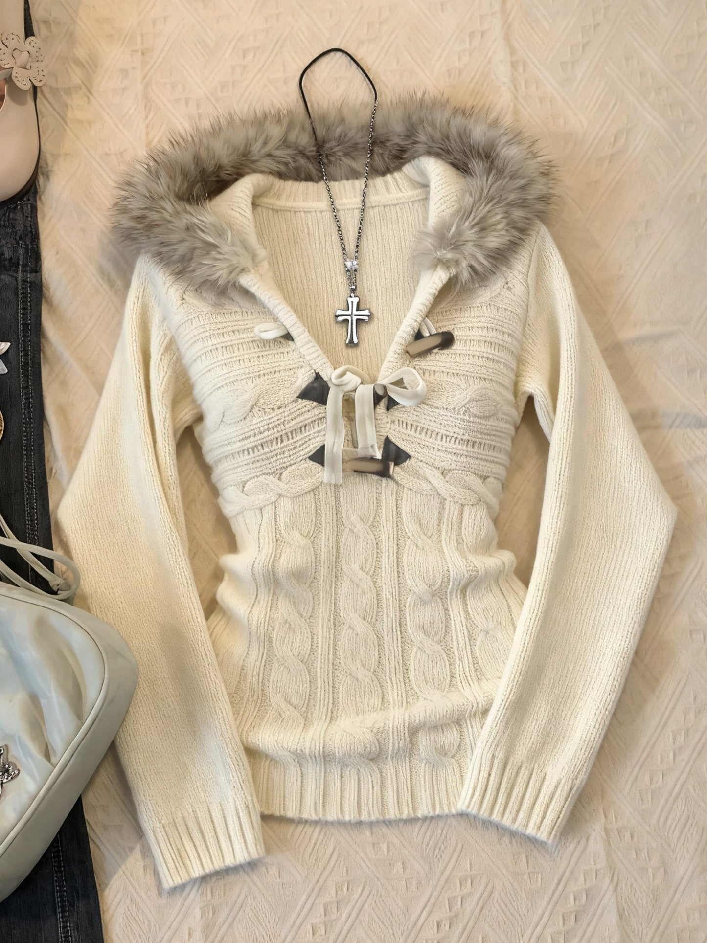 y2k vintage hooded fur collar sweater