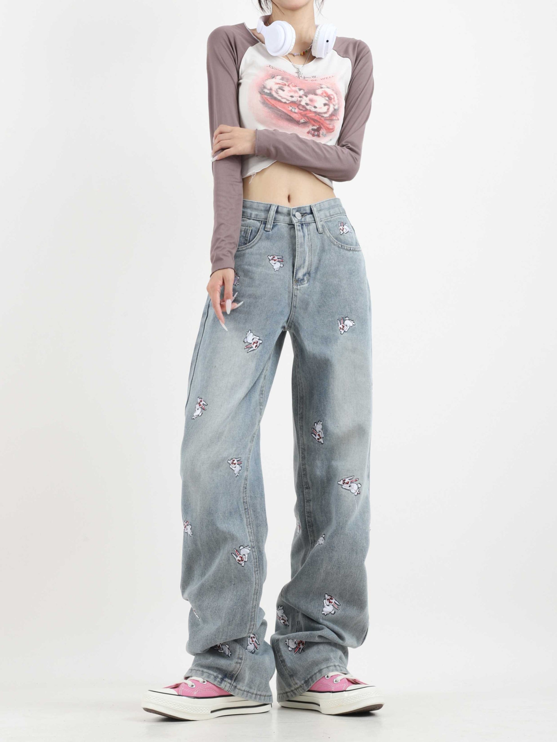 Acubi Cute Blue Rabbit Embroidered Jeans