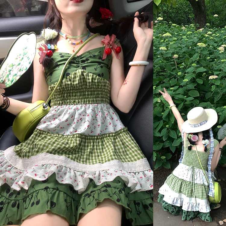 Sweet Cherry Plaid Suspender Dress
