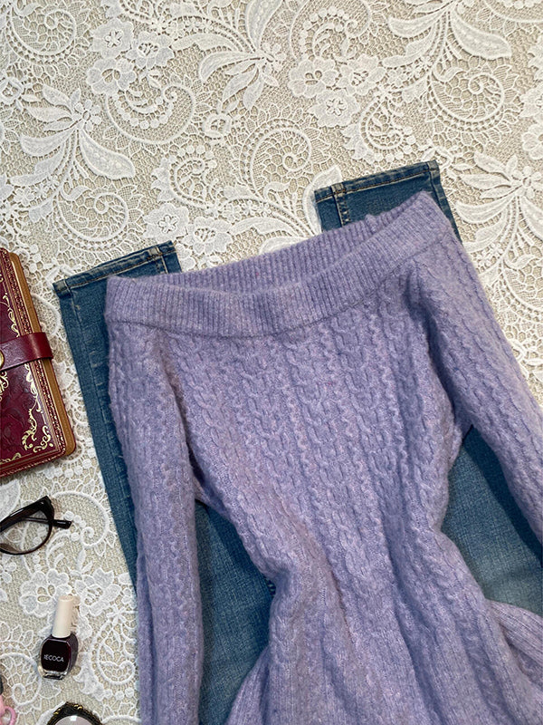 purple one-shoulder knitted sweater