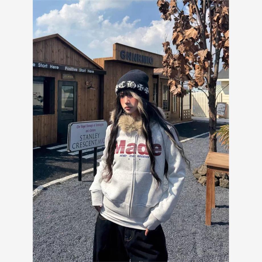 American retro fur collar hooded sweatshirt