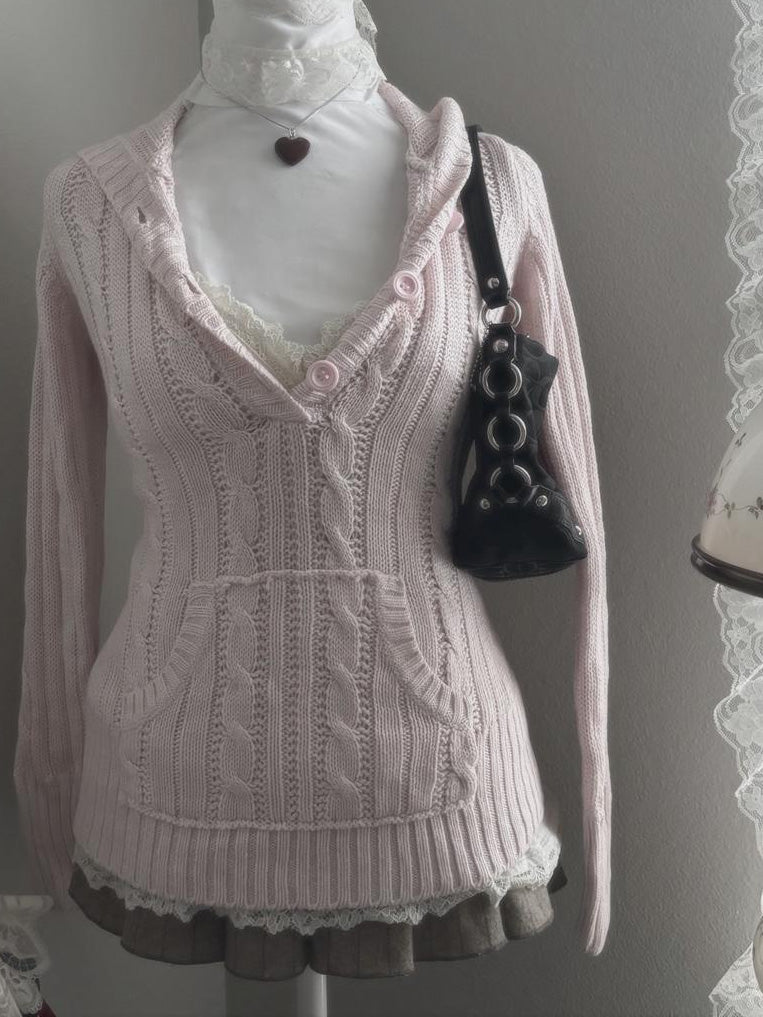 y2k coquette V-neck hooded twist sweater