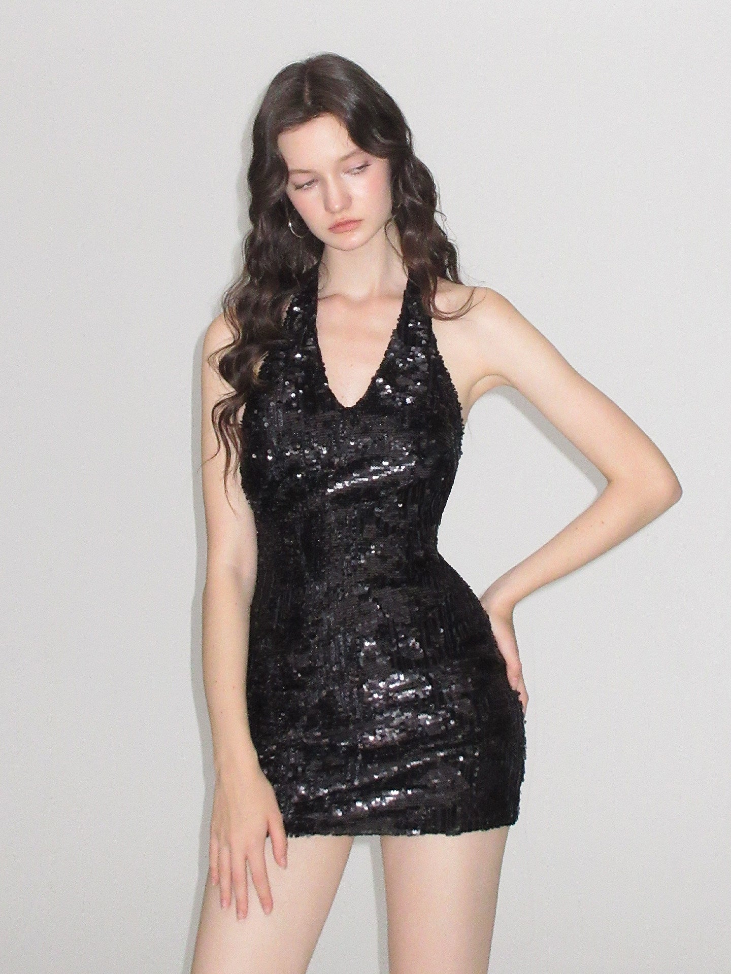 Velvet Sequined V-Neck Open Back Dress
