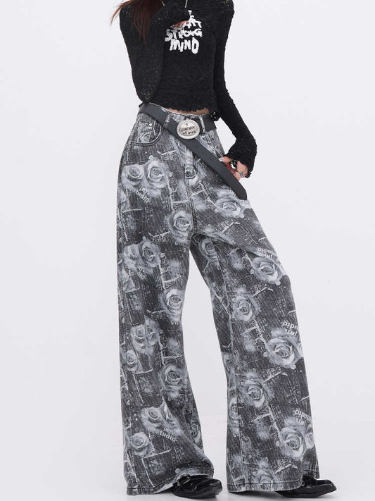 Dark Coquette Rose Washed Wide Leg Jeans