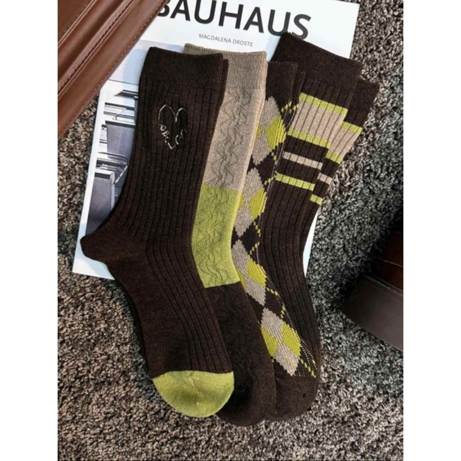 Wool Preppy Grids Mid-calf Socks(4 Pieces)